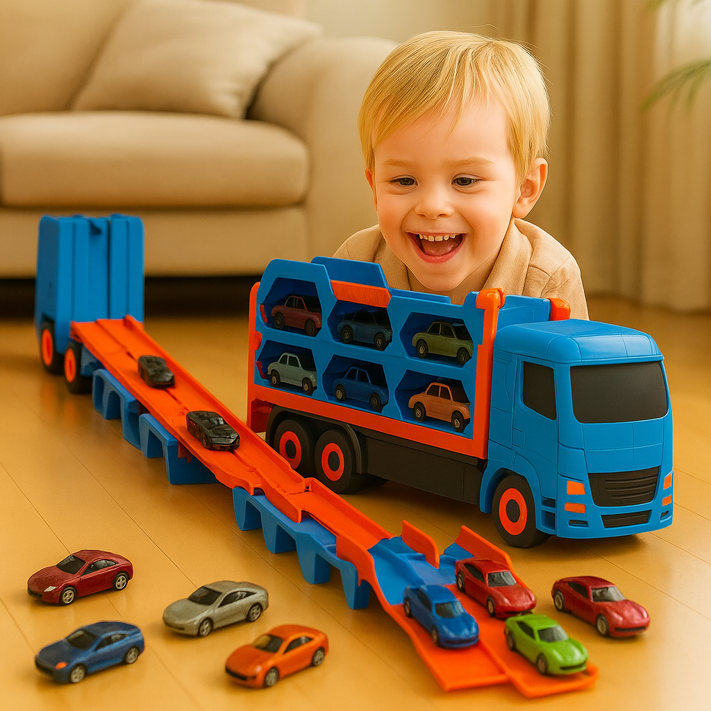 2-in-1 Autotransporter mit Faltbarer Turbo-Rennstrecke