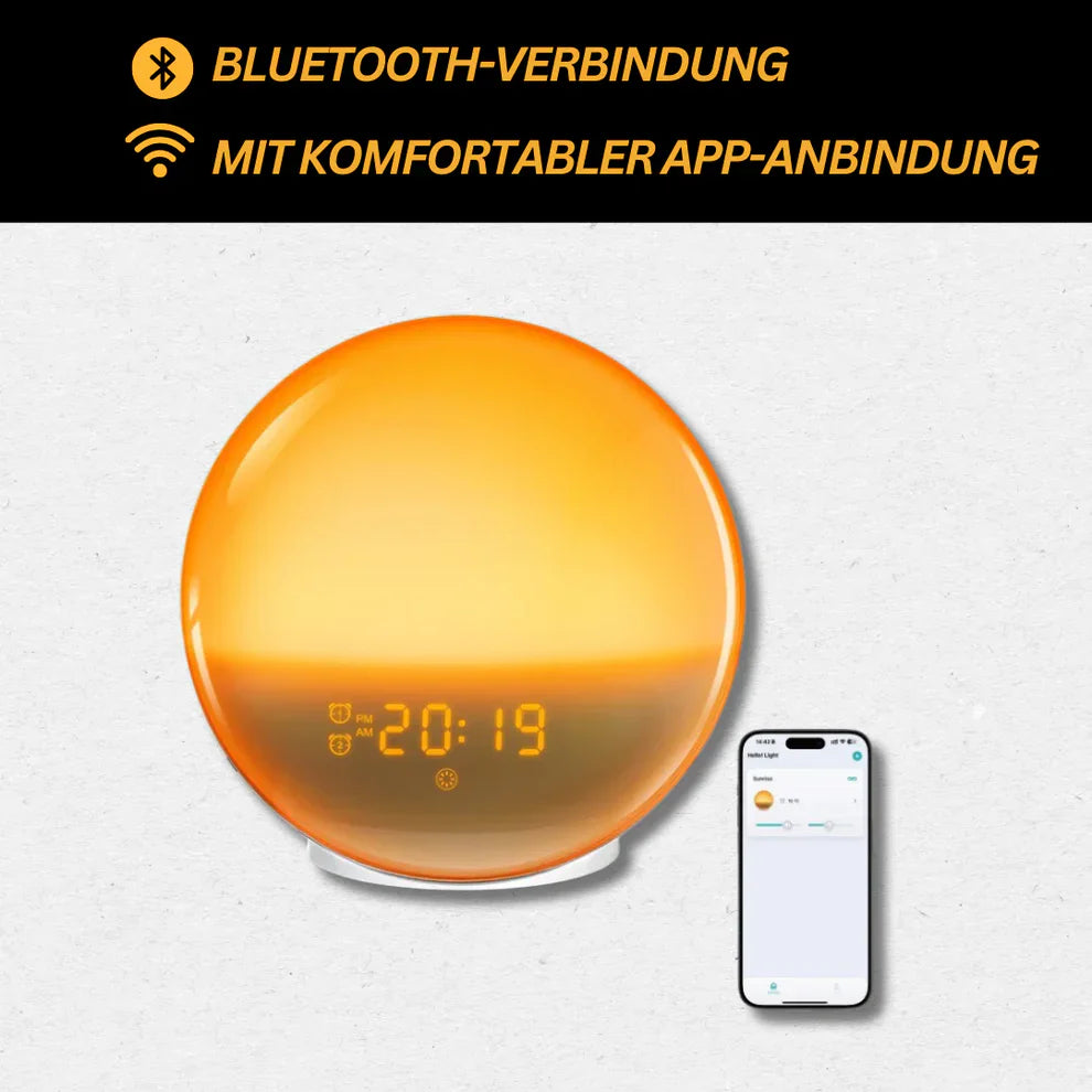 Sanfter Lichtwecker für Schlafzimmer mit Sonnenaufgangs-Simulation, App-Steuerung, Radio & USB