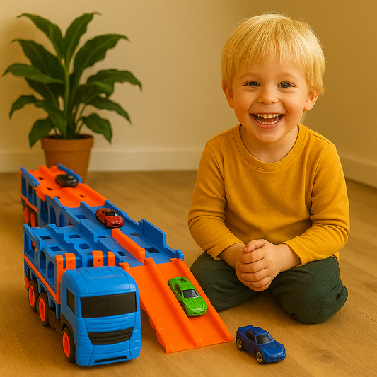2-in-1 Autotransporter mit Faltbarer Turbo-Rennstrecke