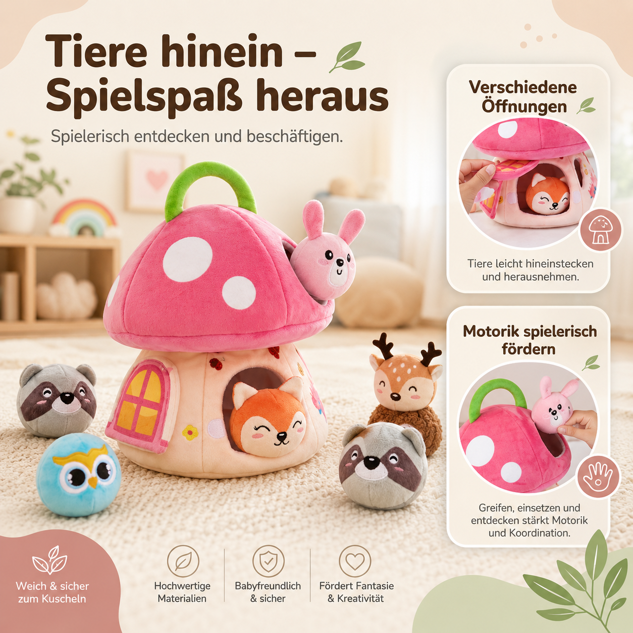 MushroomFriends – Kuscheliges Pilzhaus mit Dschungeltieren