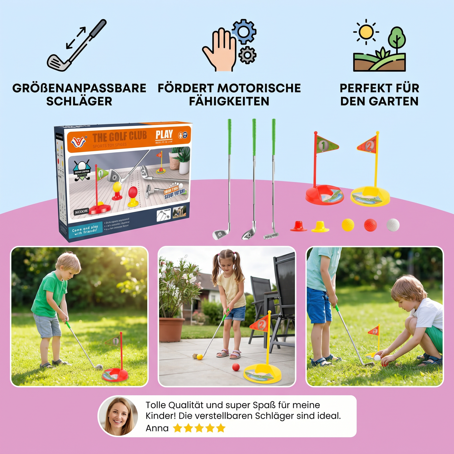 GreenSwing Kids – Kinder Golfspiel-Set mit verstellbaren Schlägern