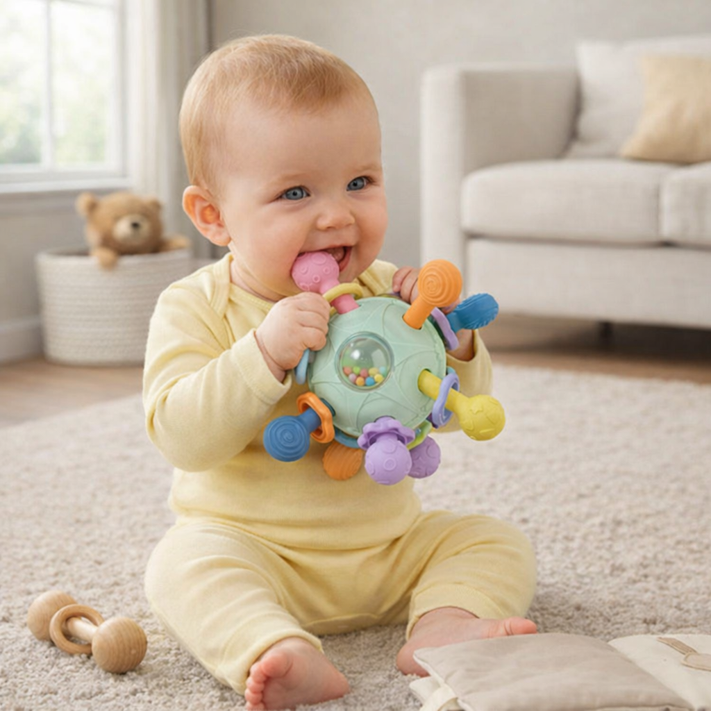 Sensorischer Baby-Greifball mit Silikon Beißhilfe und Rassel